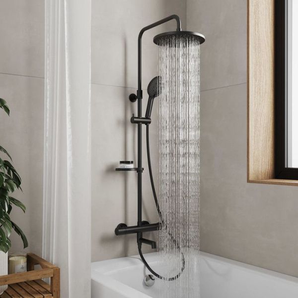 Смеситель термостатический для ванны со стойкой и тропической лейкой Milardo Ideal Spa ILSBLTHM06 черный матовый Смеситель термостатический для ванны со стойкой и тропической лейкой Milardo Ideal Spa ILSBLTHM06 черный матовый