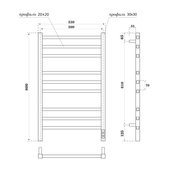 Полотенцесушитель электрический диммер справа 53x80 см Point Вега PN71858GB графит Полотенцесушитель электрический диммер справа 53x80 см Point Вега PN71858GB графит