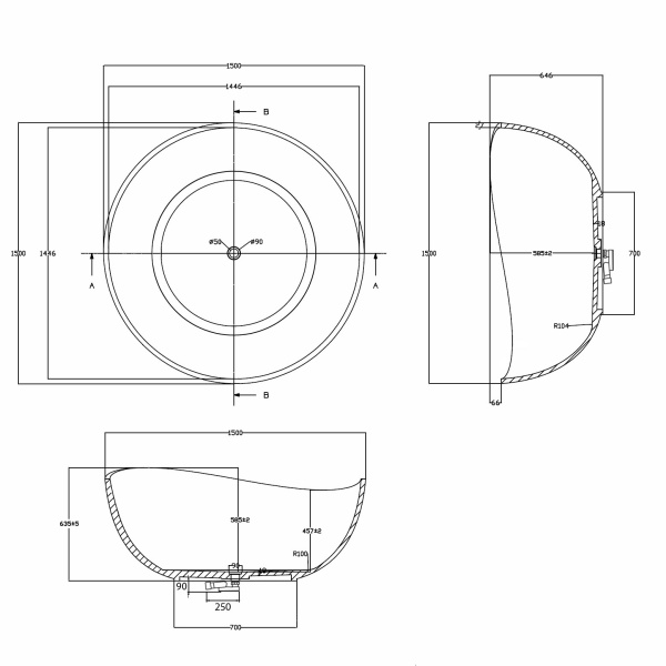 Ванна из полиэфирной смолы Abber 150x150 см AT9705Onyx