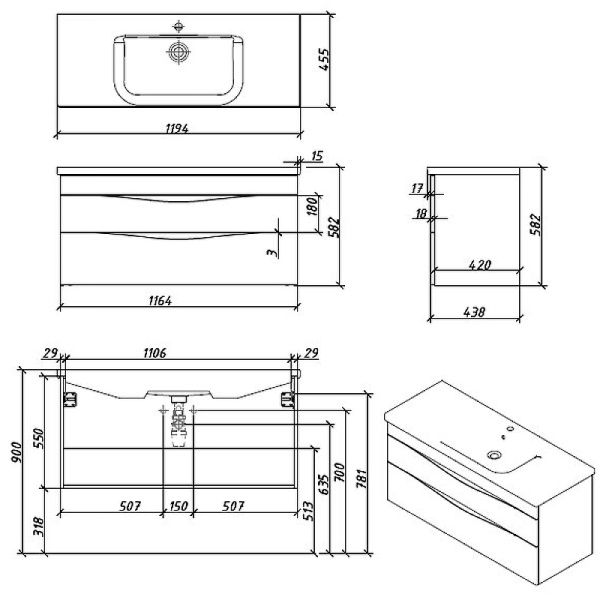 Тумба под раковину Caprigo Lento 120 см 36216-SF028 подвесная стилл