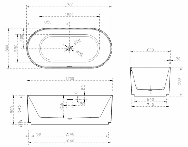 Ванна акриловая отдельностоящая 170x80 ABBER AB9325-1.7 Ванна акриловая отдельностоящая 170x80 ABBER AB9325-1.7