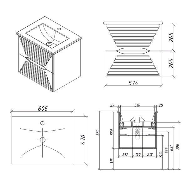 Тумба под раковину Caprigo Modo Terza 60 см 35611-RF15 подвесная скайрос