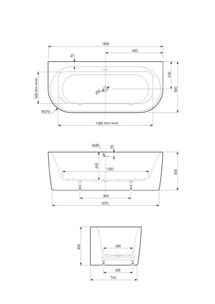 Ванна акриловая Cezares Metauro 180x80 METAURO-INT-Wall-180-80-60