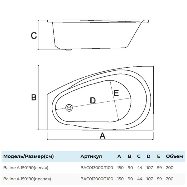 Ванна акриловая Alba Spa Baline 150x90 см R ВАС012000П100